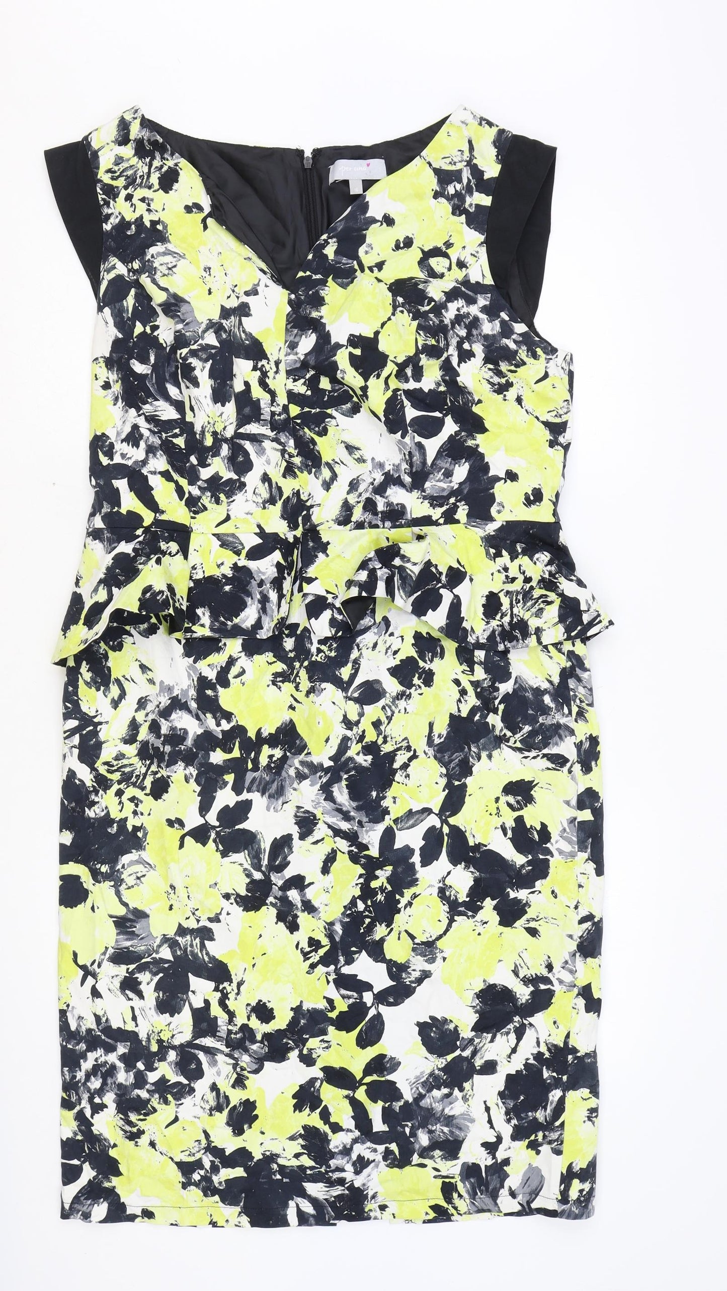 Marks and Spencer Womens Yellow Geometric Cotton Shift Size 16 V-Neck Zip
