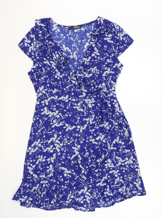 Quiz Womens Blue Floral Polyester Wrap Dress Size 10 V-Neck Zip