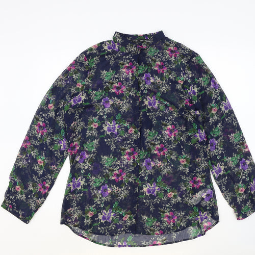Zara Womens Blue Floral Polyester Basic Button-Up Size L Collared