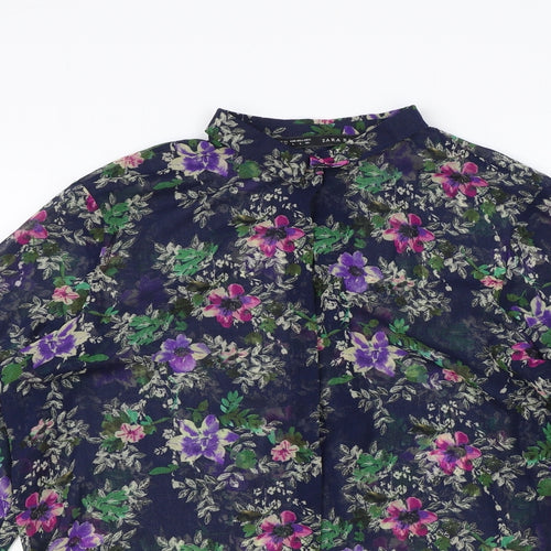 Zara Womens Blue Floral Polyester Basic Button-Up Size L Collared