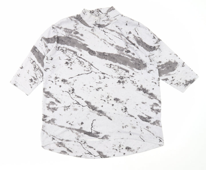 Marks and Spencer Womens Grey Geometric Polyester Basic T-Shirt Size 14 Mock Neck