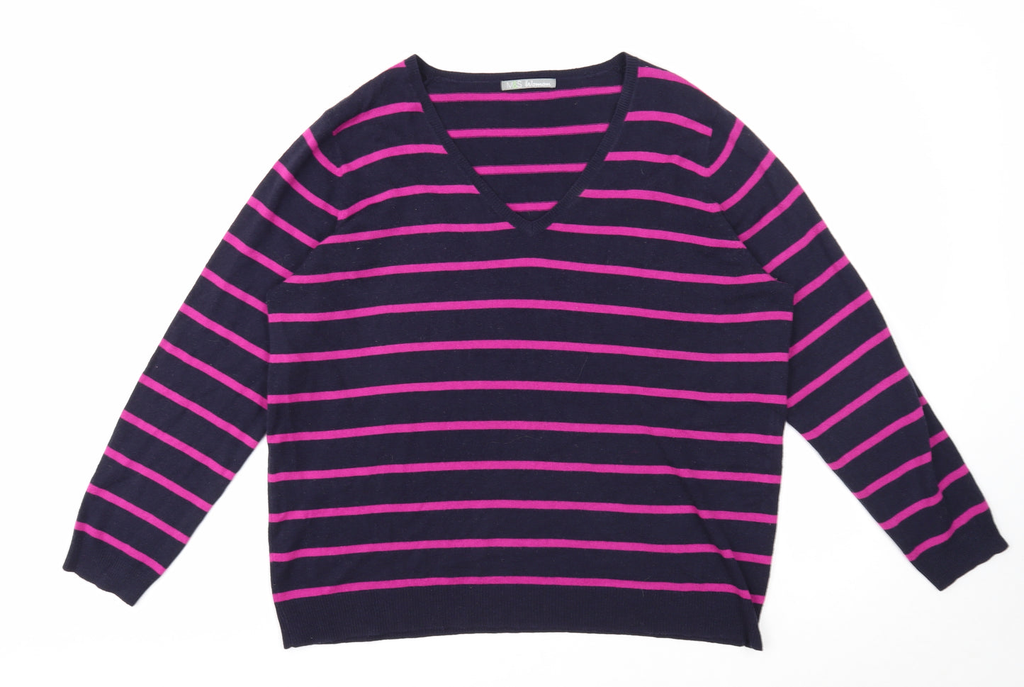 Marks and Spencer Womens Black V-Neck Striped Acrylic Pullover Jumper Size 20