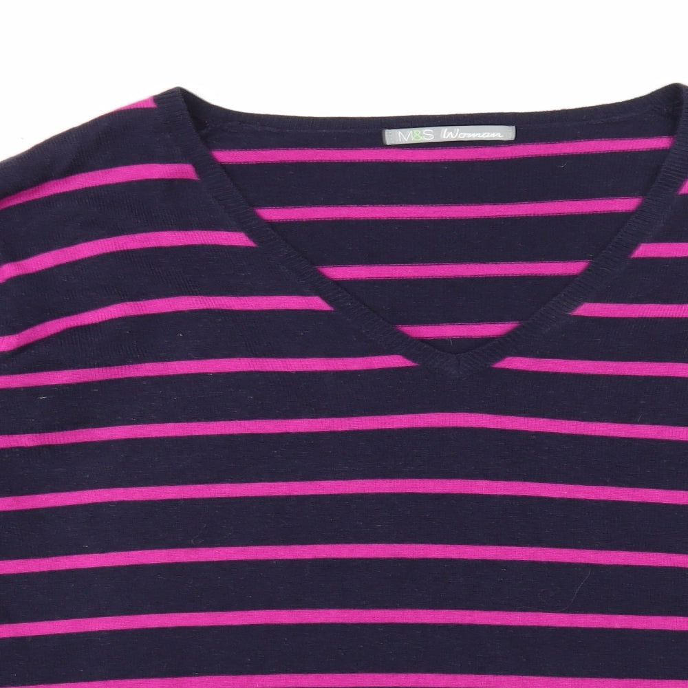 Marks and Spencer Womens Black V-Neck Striped Acrylic Pullover Jumper Size 20