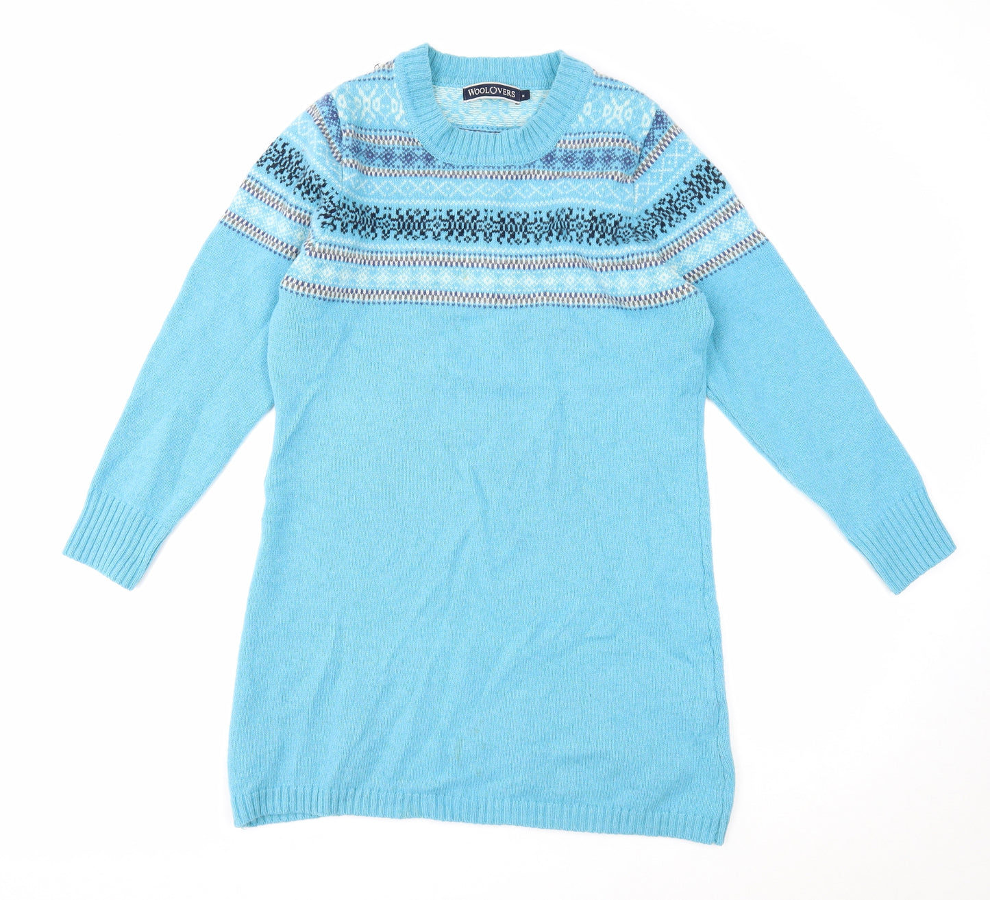 Woolovers Womens Blue Fair Isle Wool Jumper Dress Size M Round Neck Pullover
