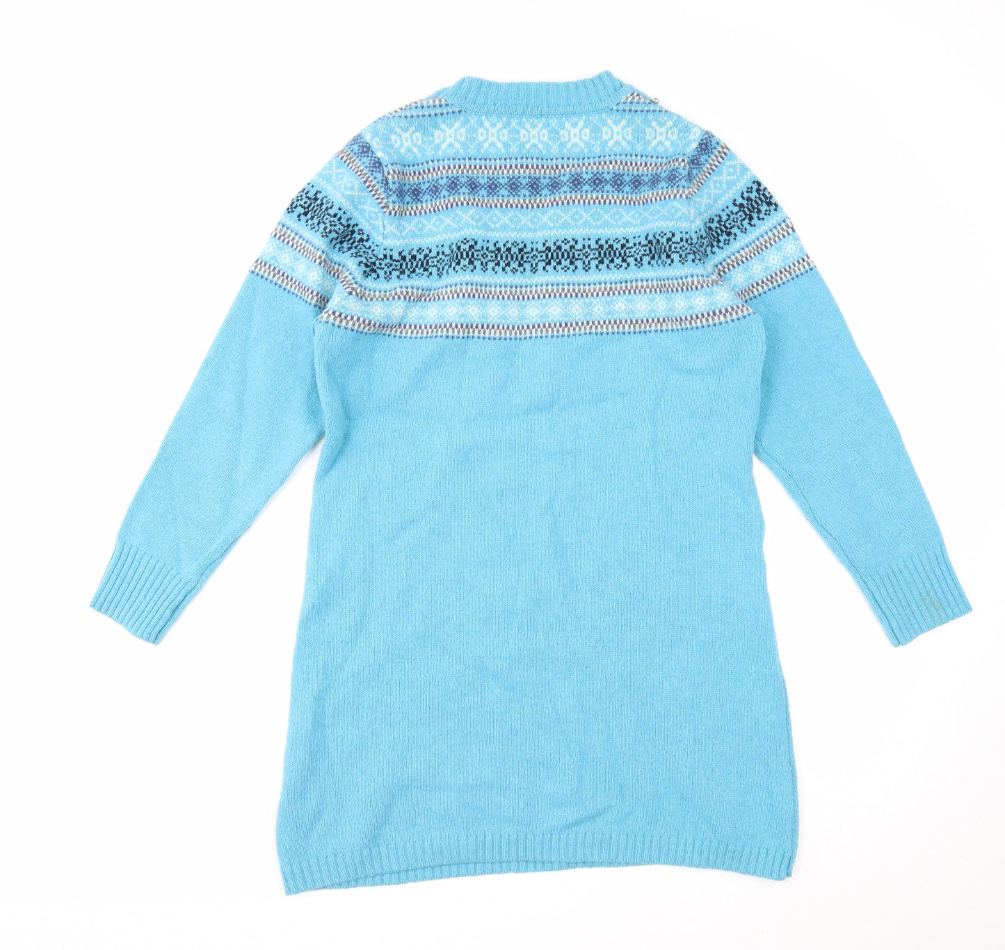 Woolovers Womens Blue Fair Isle Wool Jumper Dress Size M Round Neck Pullover
