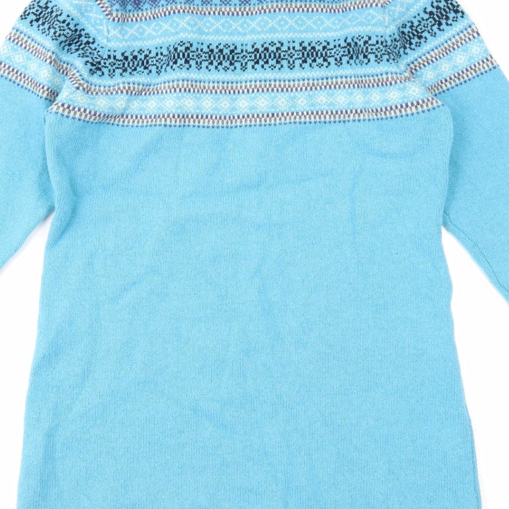 Woolovers Womens Blue Fair Isle Wool Jumper Dress Size M Round Neck Pullover