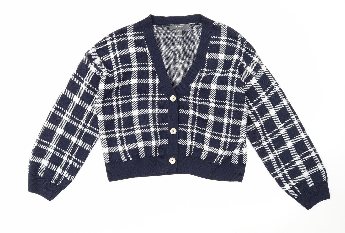 Primark Womens Blue V-Neck Plaid Acrylic Cardigan Jumper Size 12 - Cropped
