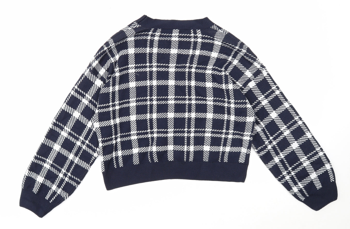 Primark Womens Blue V-Neck Plaid Acrylic Cardigan Jumper Size 12 - Cropped
