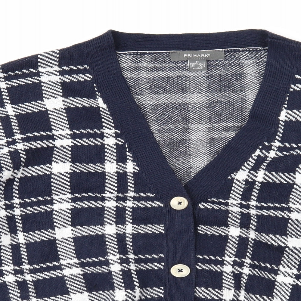 Primark Womens Blue V-Neck Plaid Acrylic Cardigan Jumper Size 12 - Cropped