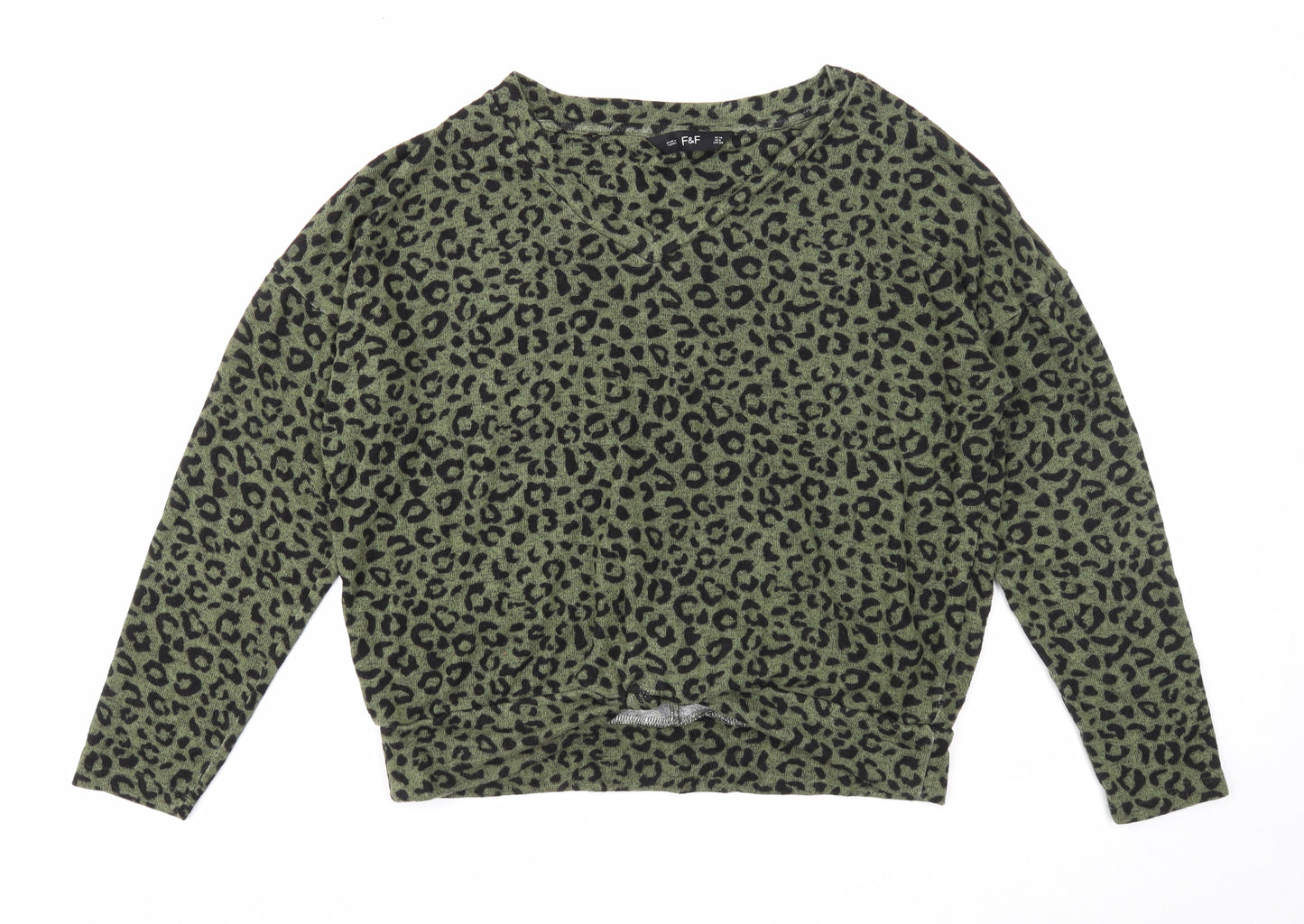 F&F Womens Green V-Neck Animal Print Viscose Pullover Jumper Size 10 - Leopard print