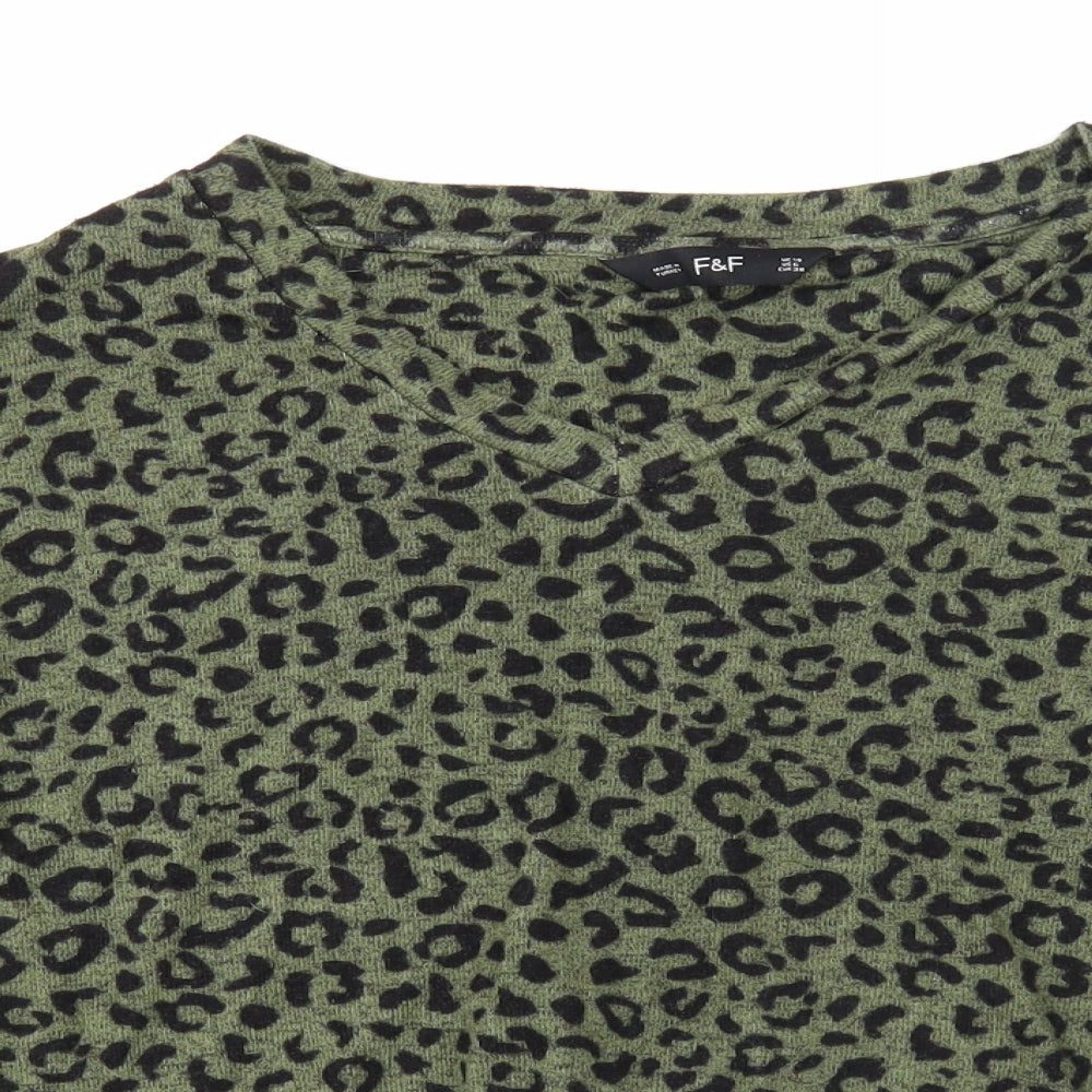 F&F Womens Green V-Neck Animal Print Viscose Pullover Jumper Size 10 - Leopard print