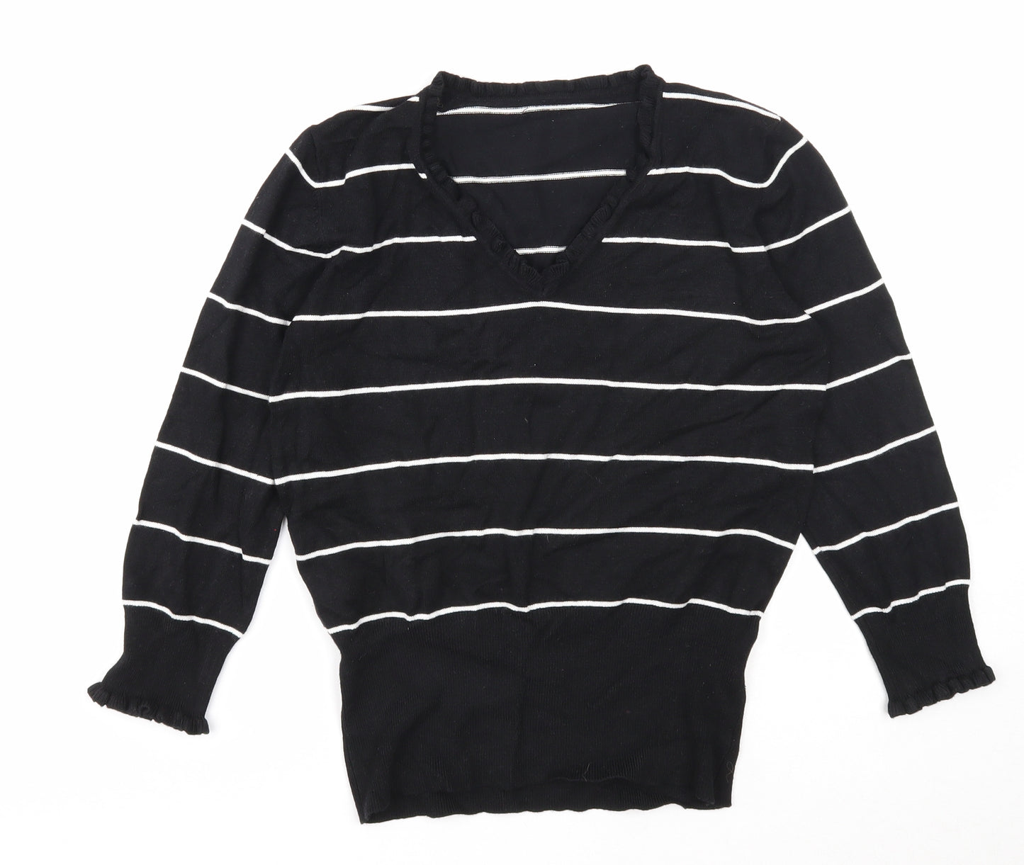 Preworn Womens Black V-Neck Striped Viscose Pullover Jumper Size M
