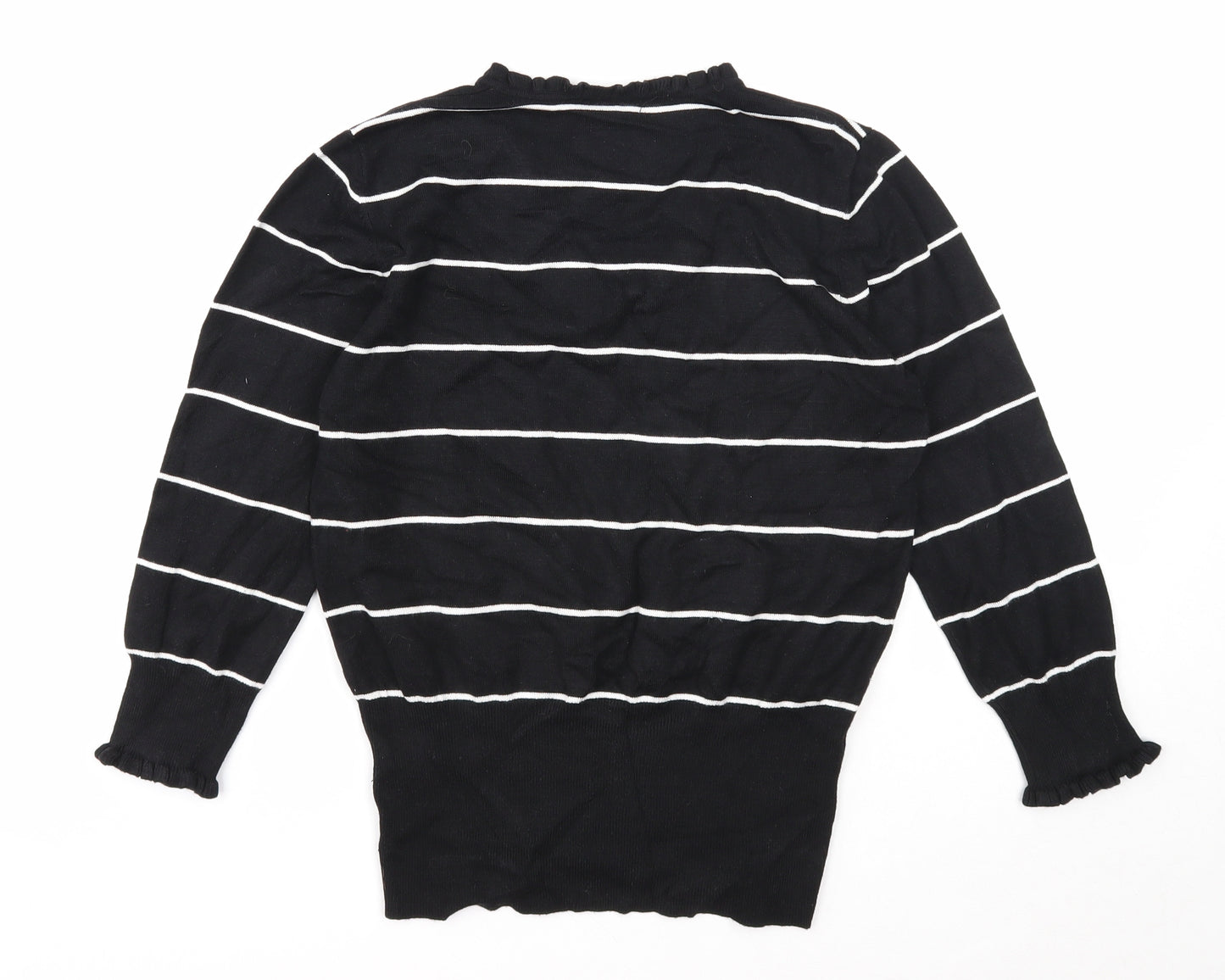 Preworn Womens Black V-Neck Striped Viscose Pullover Jumper Size M