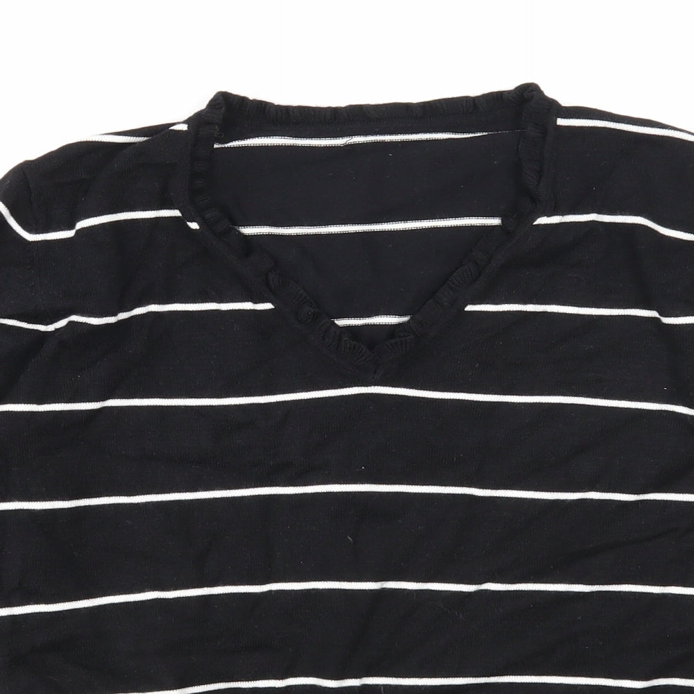Preworn Womens Black V-Neck Striped Viscose Pullover Jumper Size M