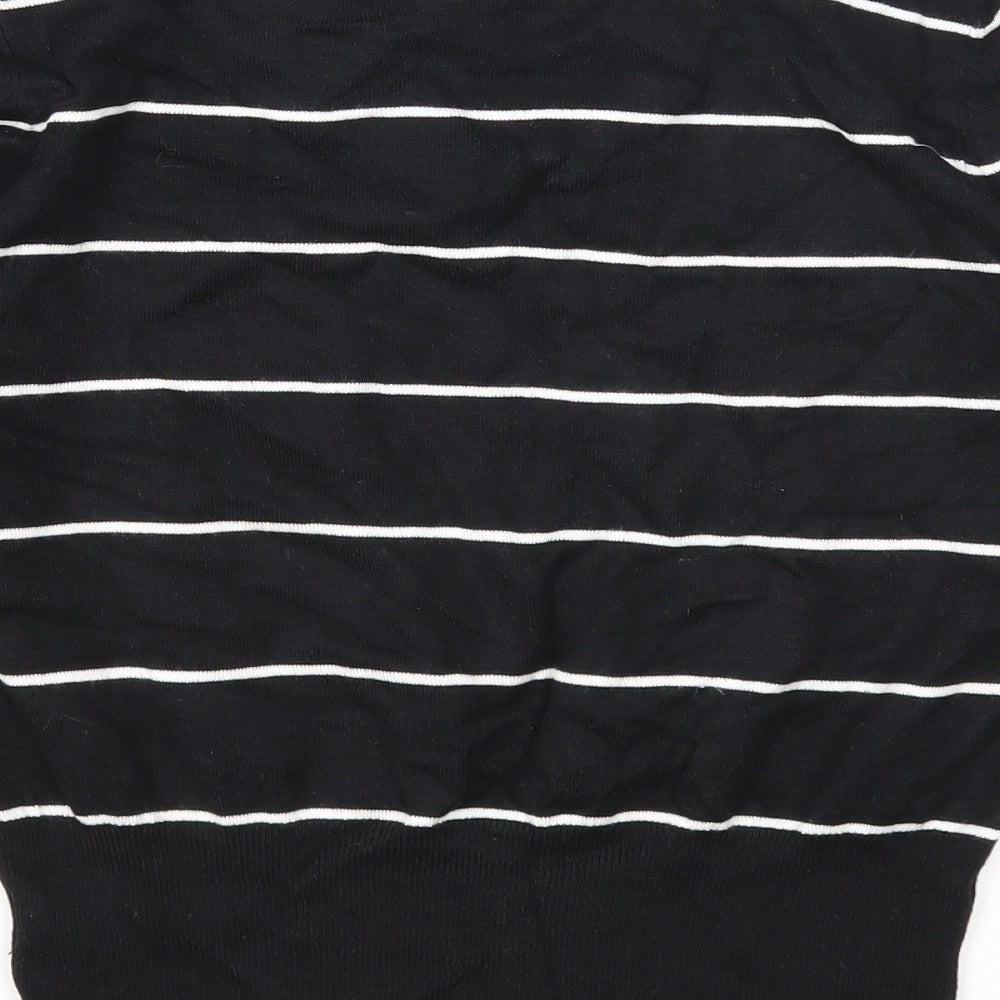 Preworn Womens Black V-Neck Striped Viscose Pullover Jumper Size M
