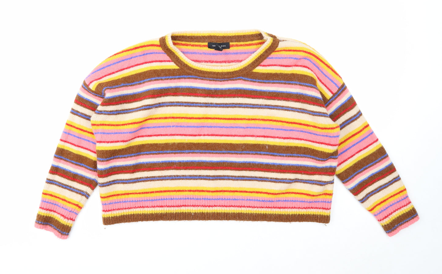 New Look Womens Multicoloured Boat Neck Striped Acrylic Pullover Jumper Size M - Cropped