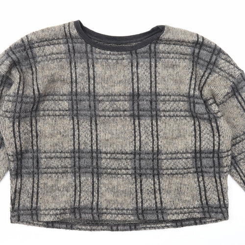 Topshop Womens Grey Scoop Neck Plaid Acrylic Pullover Jumper Size 16 - Cropped