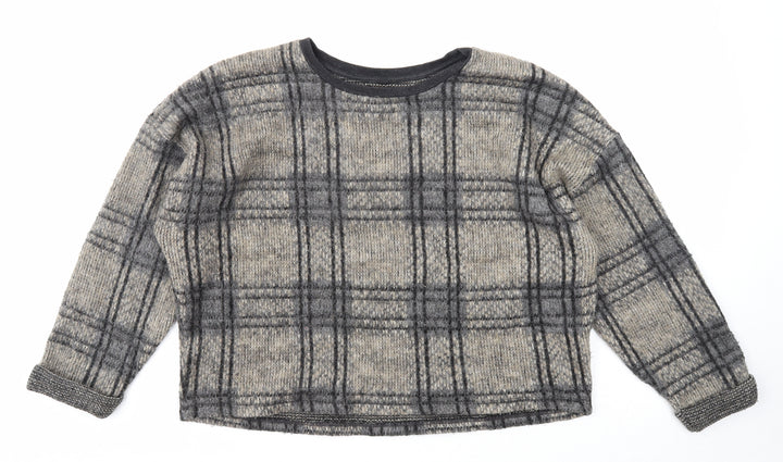 Topshop Womens Grey Scoop Neck Plaid Acrylic Pullover Jumper Size 16 - Cropped