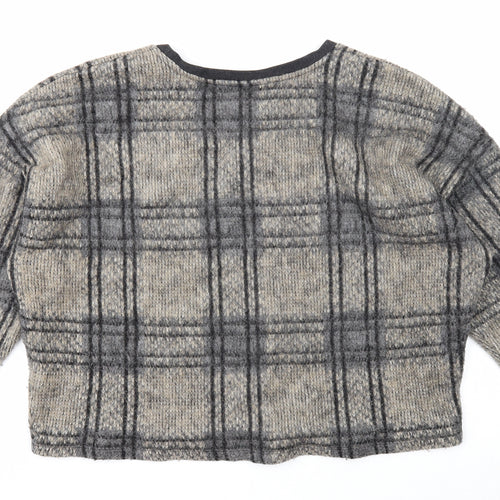 Topshop Womens Grey Scoop Neck Plaid Acrylic Pullover Jumper Size 16 - Cropped