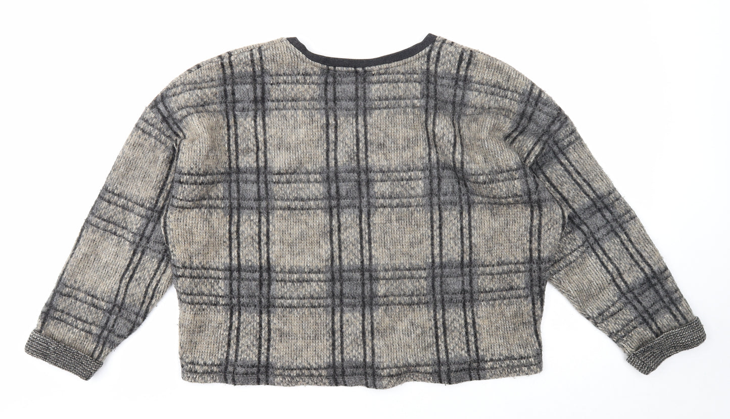 Topshop Womens Grey Scoop Neck Plaid Acrylic Pullover Jumper Size 16 - Cropped