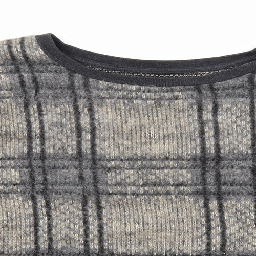 Topshop Womens Grey Scoop Neck Plaid Acrylic Pullover Jumper Size 16 - Cropped