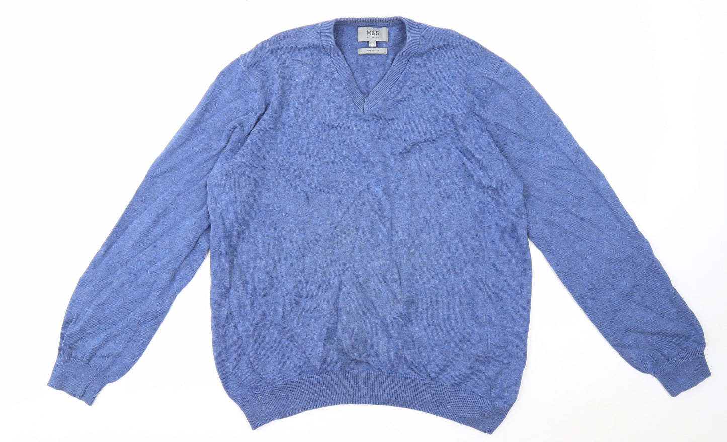 Marks and Spencer Mens Blue V-Neck Cotton Pullover Jumper Size L
