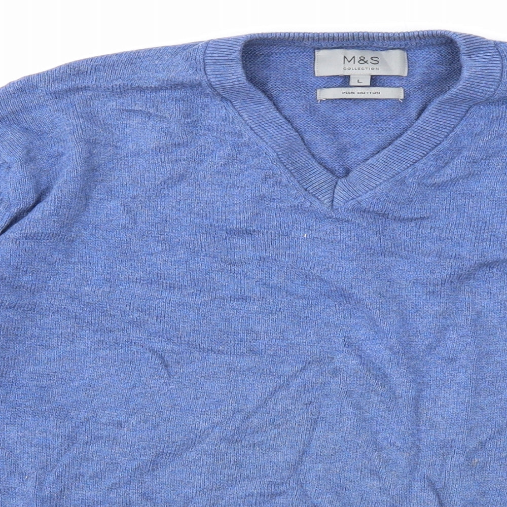 Marks and Spencer Mens Blue V-Neck Cotton Pullover Jumper Size L