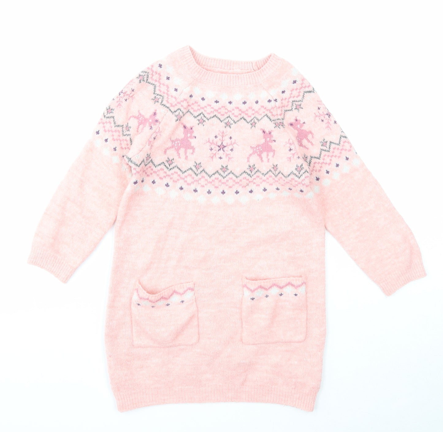 Nutmeg Girls Pink Round Neck Fair Isle Acrylic Pullover Jumper Size 5-6 Years Pullover - Christmas