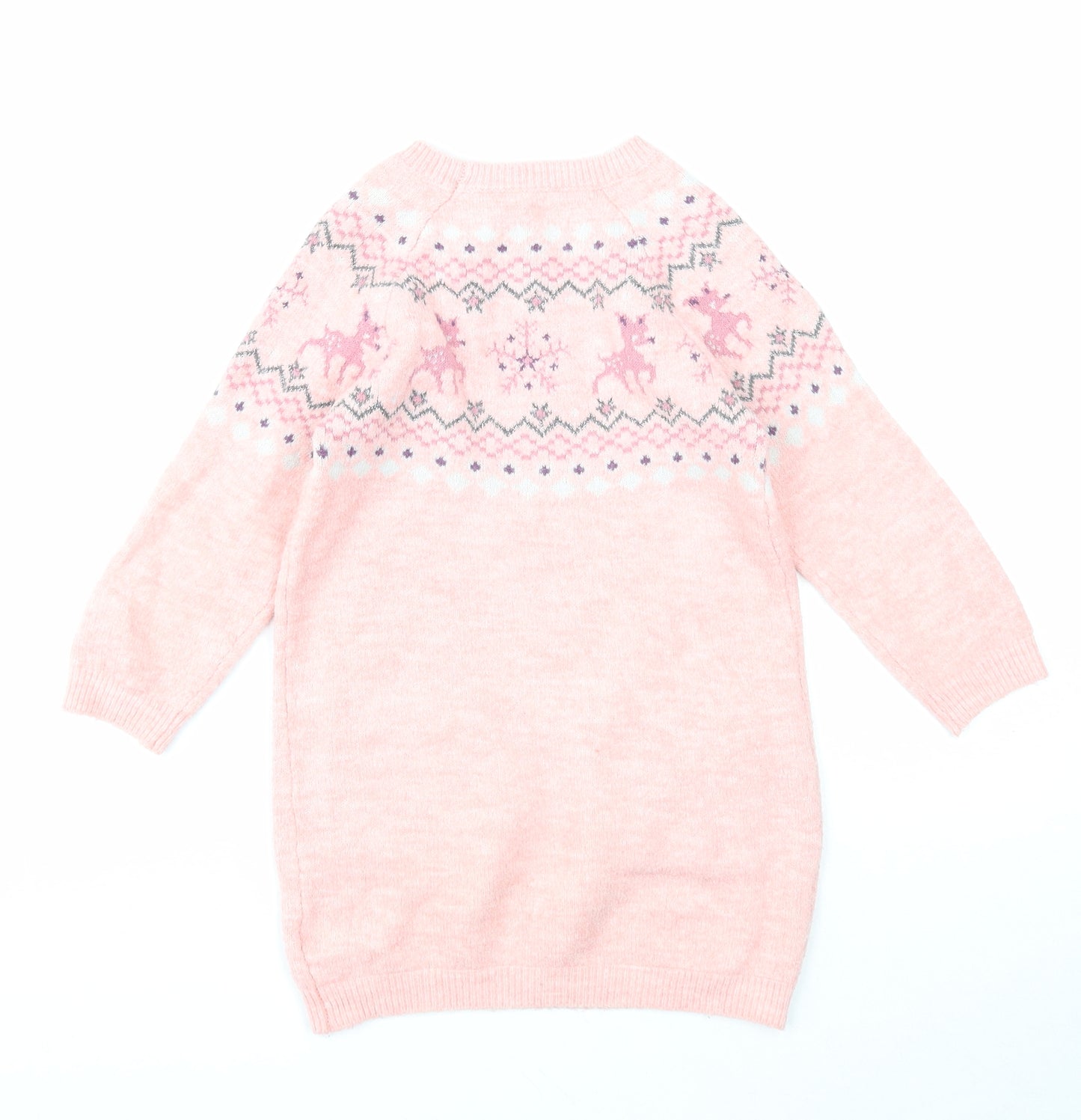Nutmeg Girls Pink Round Neck Fair Isle Acrylic Pullover Jumper Size 5-6 Years Pullover - Christmas