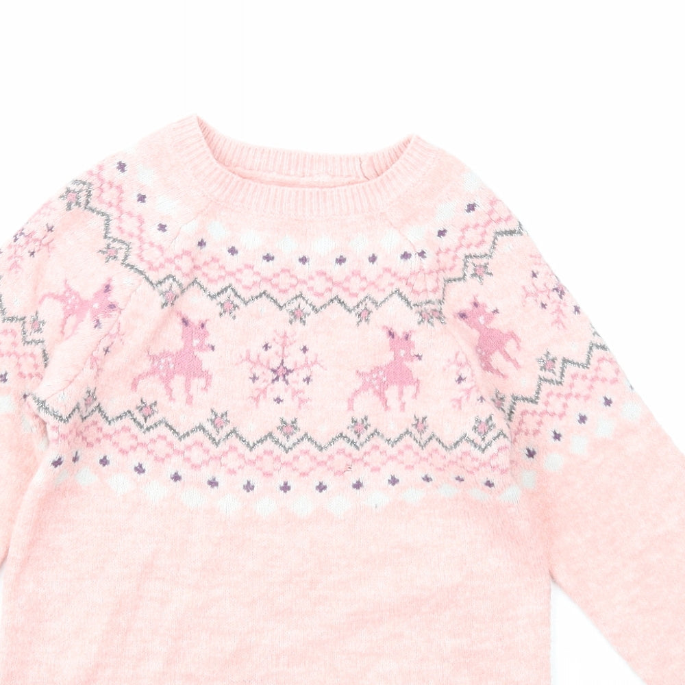 Nutmeg Girls Pink Round Neck Fair Isle Acrylic Pullover Jumper Size 5-6 Years Pullover - Christmas