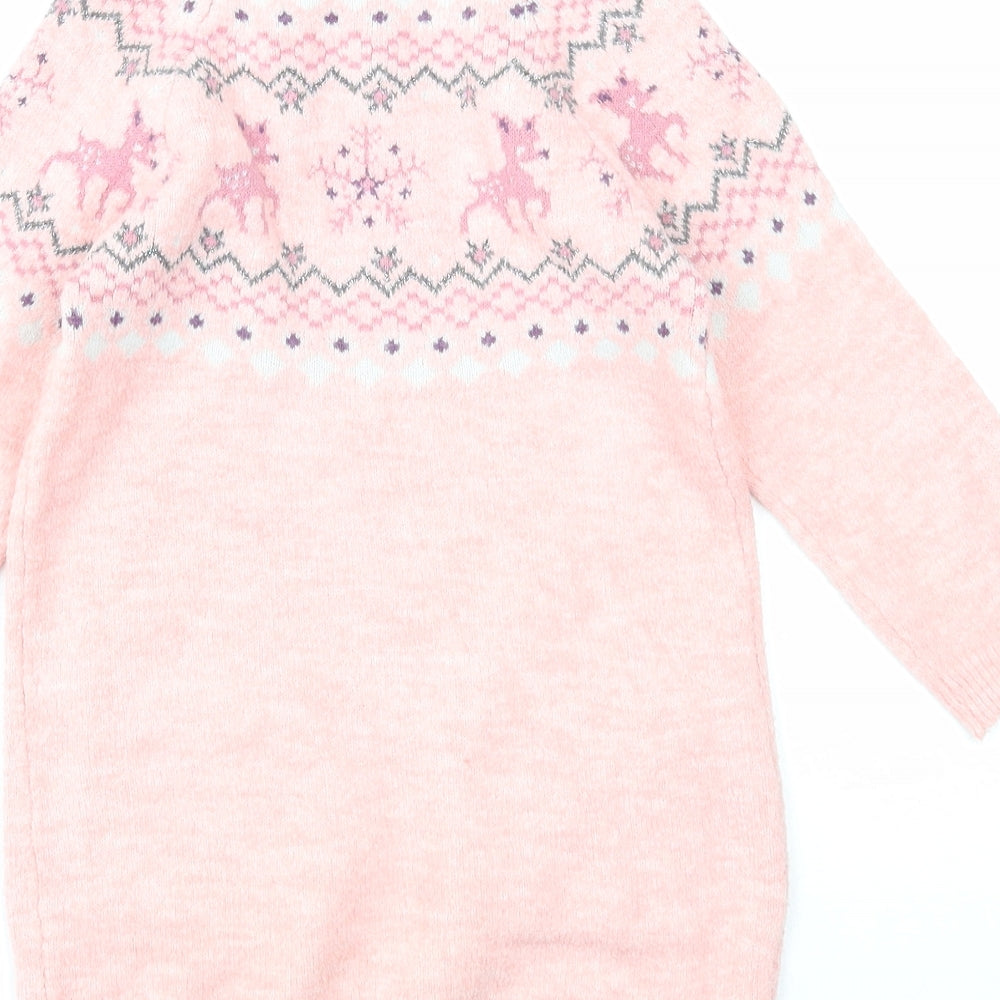 Nutmeg Girls Pink Round Neck Fair Isle Acrylic Pullover Jumper Size 5-6 Years Pullover - Christmas