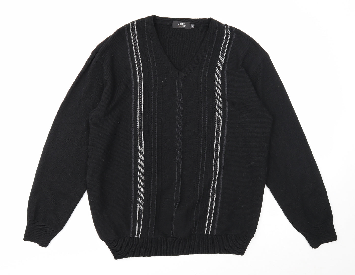 JBC Collection Mens Black V-Neck Striped Cotton Pullover Jumper Size 2XL