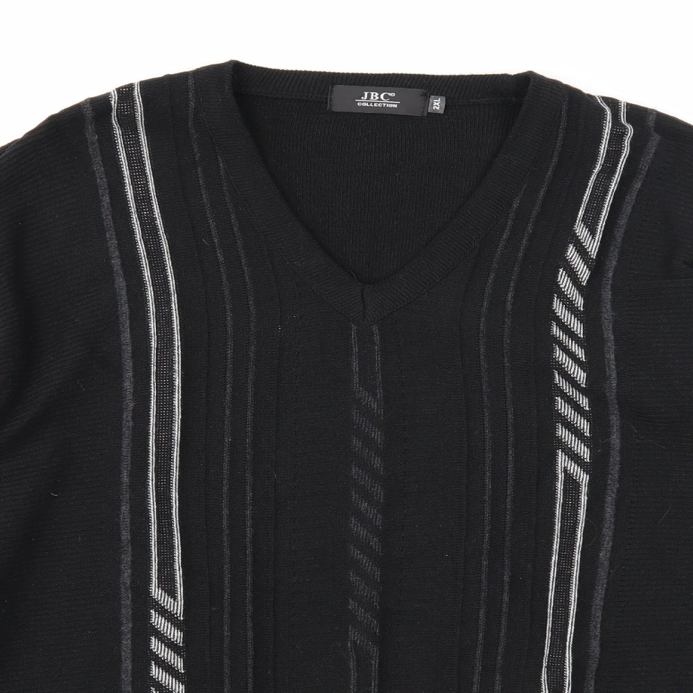 JBC Collection Mens Black V-Neck Striped Cotton Pullover Jumper Size 2XL