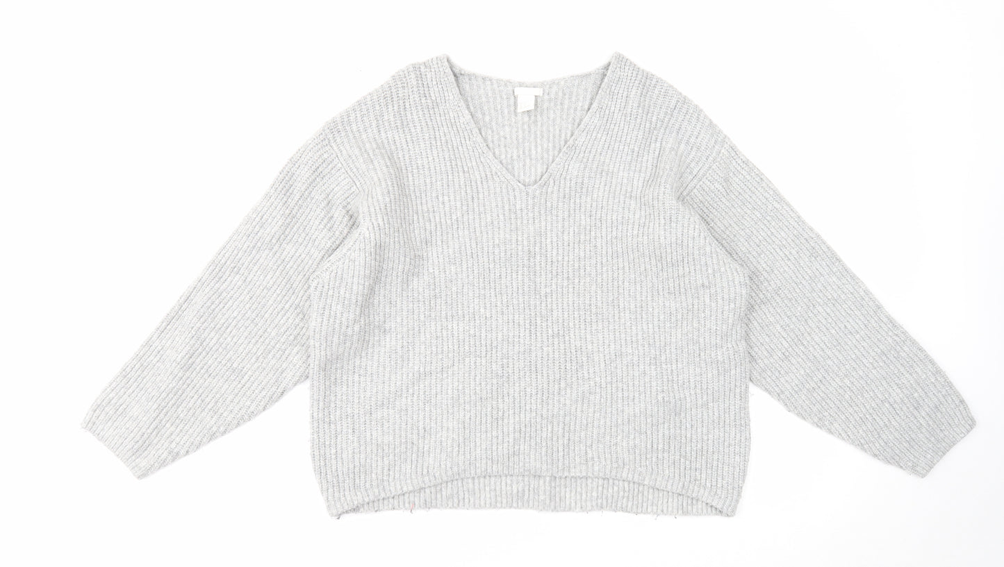 H&M Womens Grey V-Neck Acrylic Pullover Jumper Size S - Ribbed