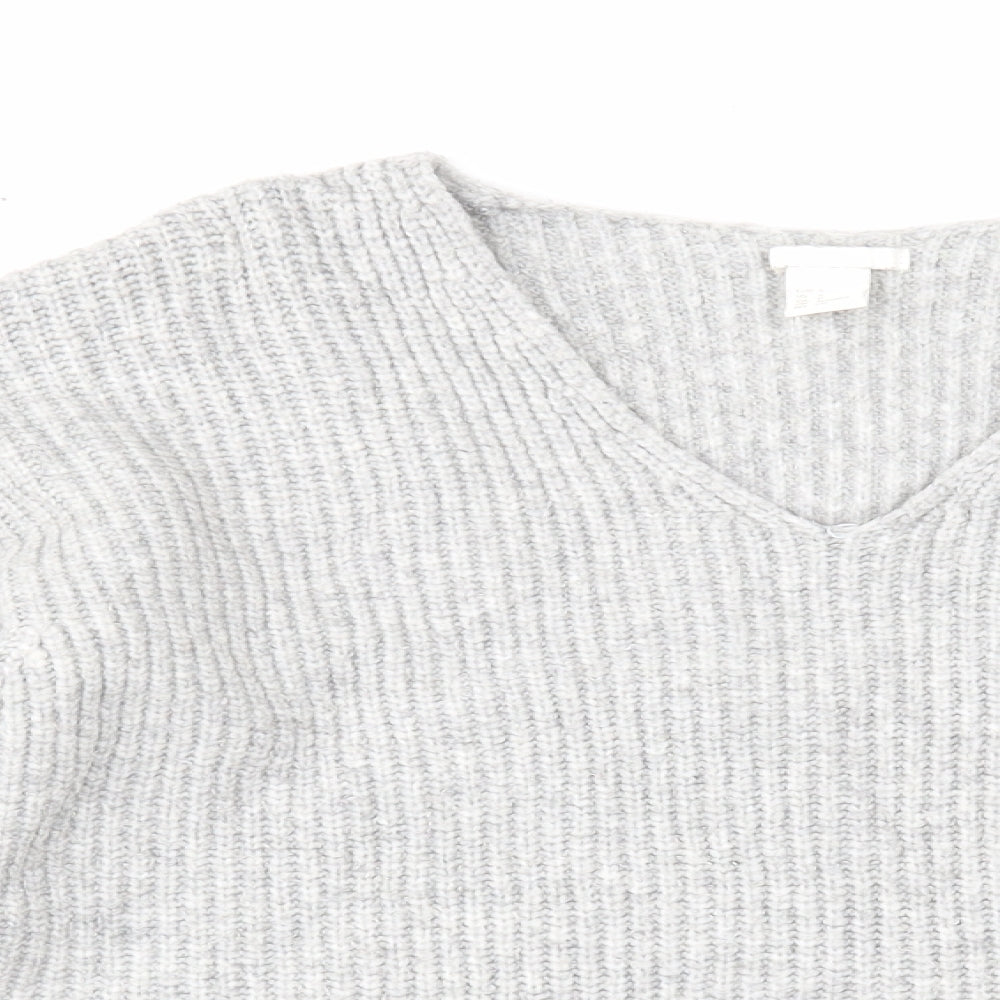 H&M Womens Grey V-Neck Acrylic Pullover Jumper Size S - Ribbed