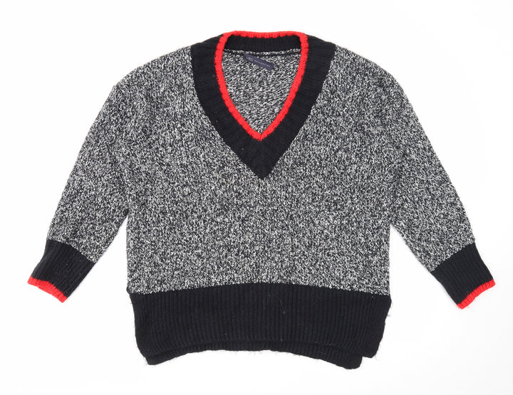 Marks and Spencer Womens Grey V-Neck Polyester Pullover Jumper Size M - Contrasting Trim