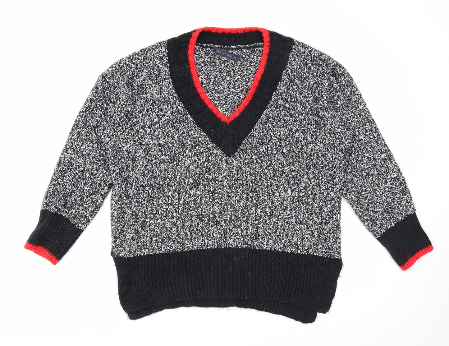 Marks and Spencer Womens Grey V-Neck Polyester Pullover Jumper Size M - Contrasting Trim