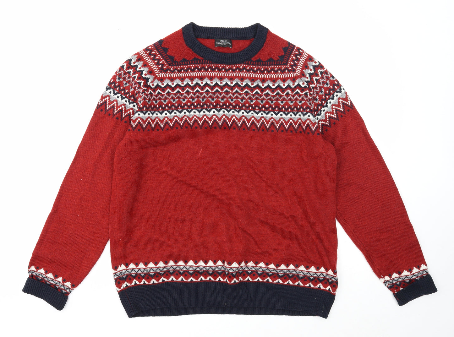 NEXT Mens Red Round Neck Fair Isle Acrylic Pullover Jumper Size XL