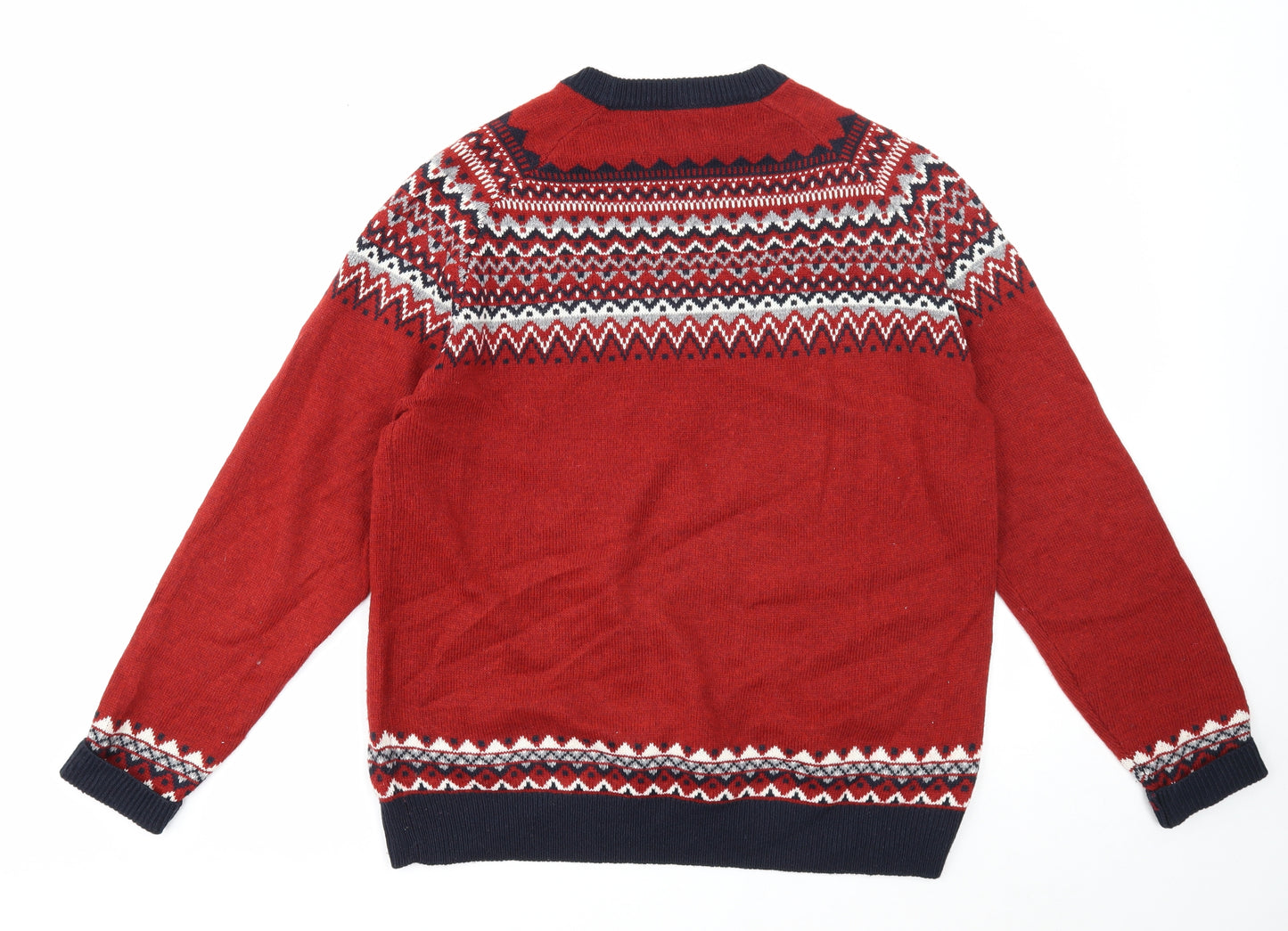 NEXT Mens Red Round Neck Fair Isle Acrylic Pullover Jumper Size XL