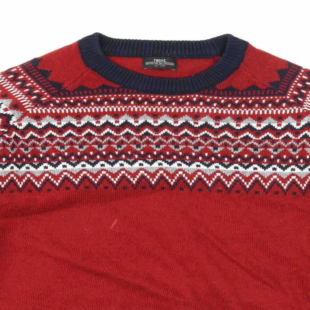 NEXT Mens Red Round Neck Fair Isle Acrylic Pullover Jumper Size XL
