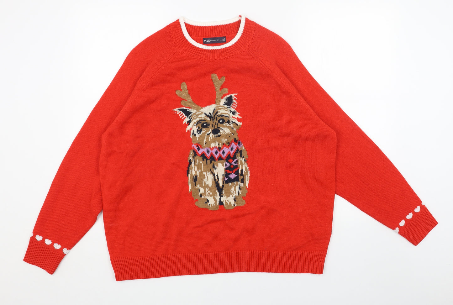 Marks and Spencer Womens Red Round Neck Acrylic Pullover Jumper Size L - Christmas Dog