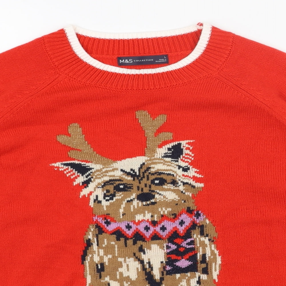 Marks and Spencer Womens Red Round Neck Acrylic Pullover Jumper Size L - Christmas Dog