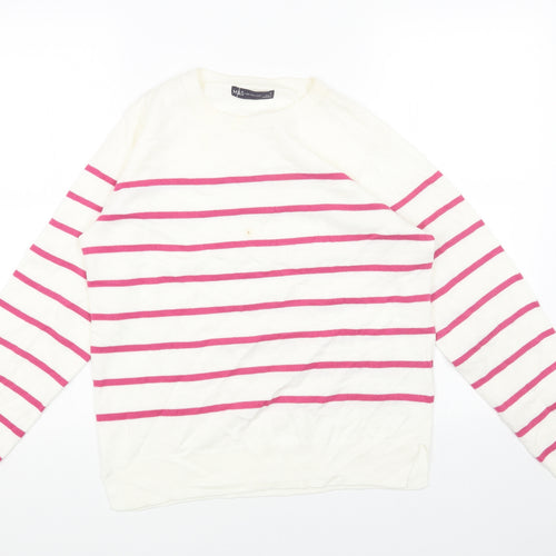 Marks and Spencer Womens White Round Neck Striped Acrylic Pullover Jumper Size 12