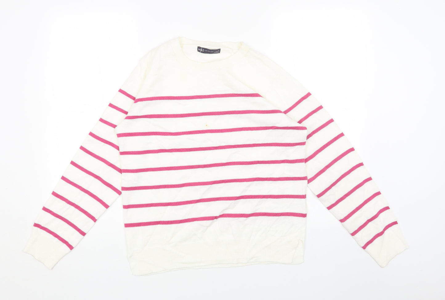 Marks and Spencer Womens White Round Neck Striped Acrylic Pullover Jumper Size 12
