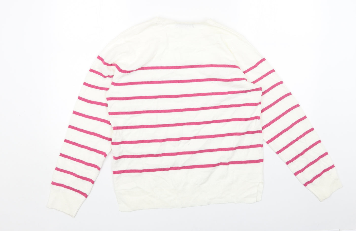 Marks and Spencer Womens White Round Neck Striped Acrylic Pullover Jumper Size 12