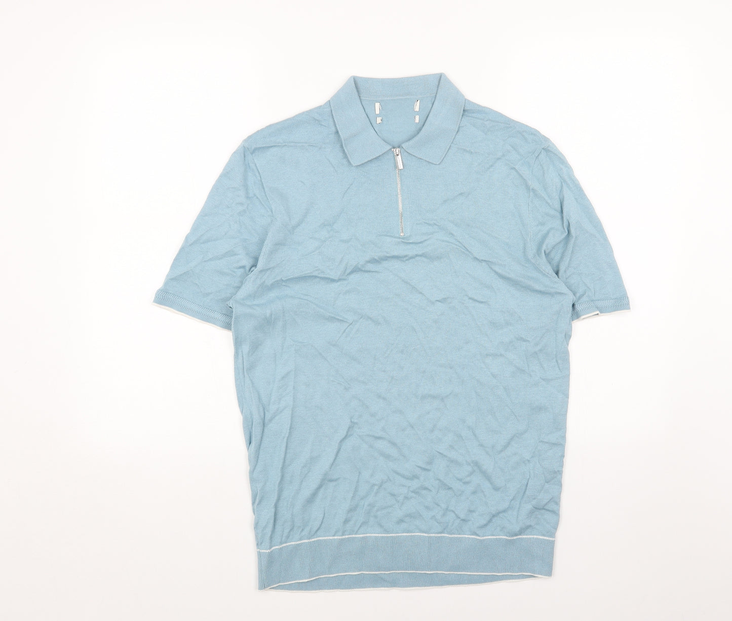 Marks and Spencer Mens Blue Cotton Polo Size L Collared Zip