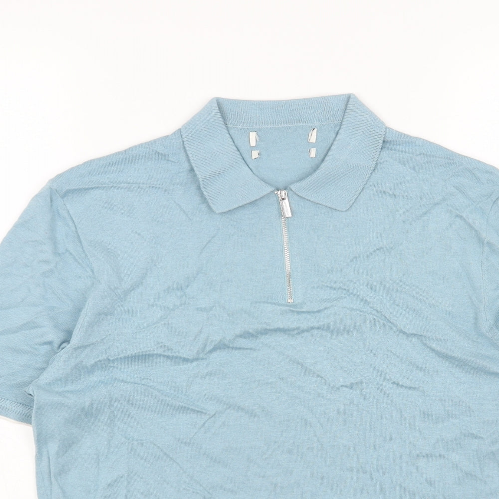 Marks and Spencer Mens Blue Cotton Polo Size L Collared Zip
