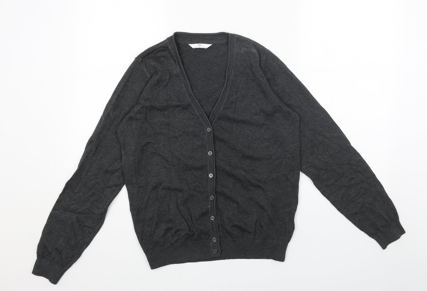 Marks and Spencer Girls Grey V-Neck Acrylic Cardigan Jumper Size 13-14 Years Button