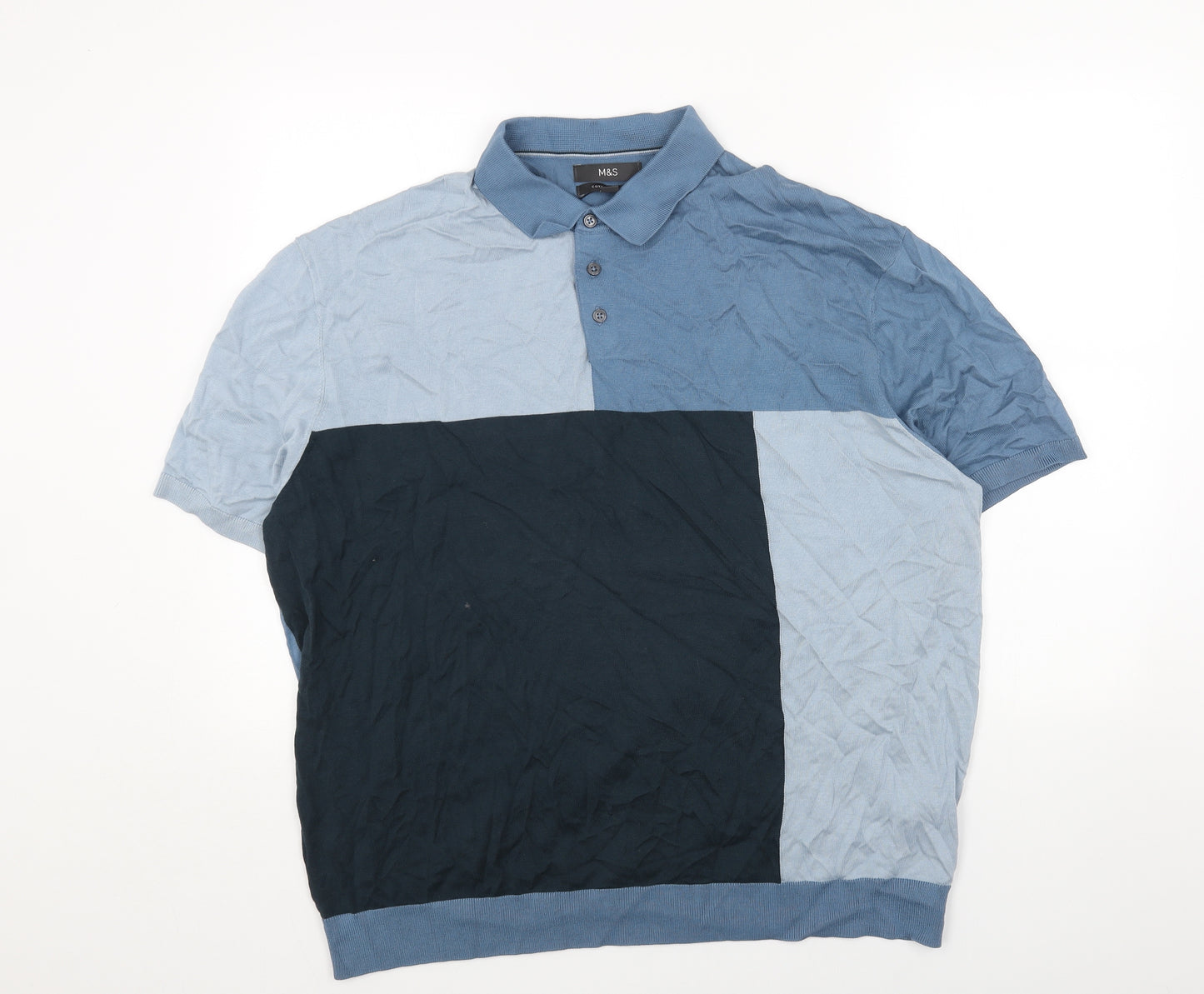 Marks and Spencer Mens Blue Colourblock Cotton Polo Size 3XL Collared Button
