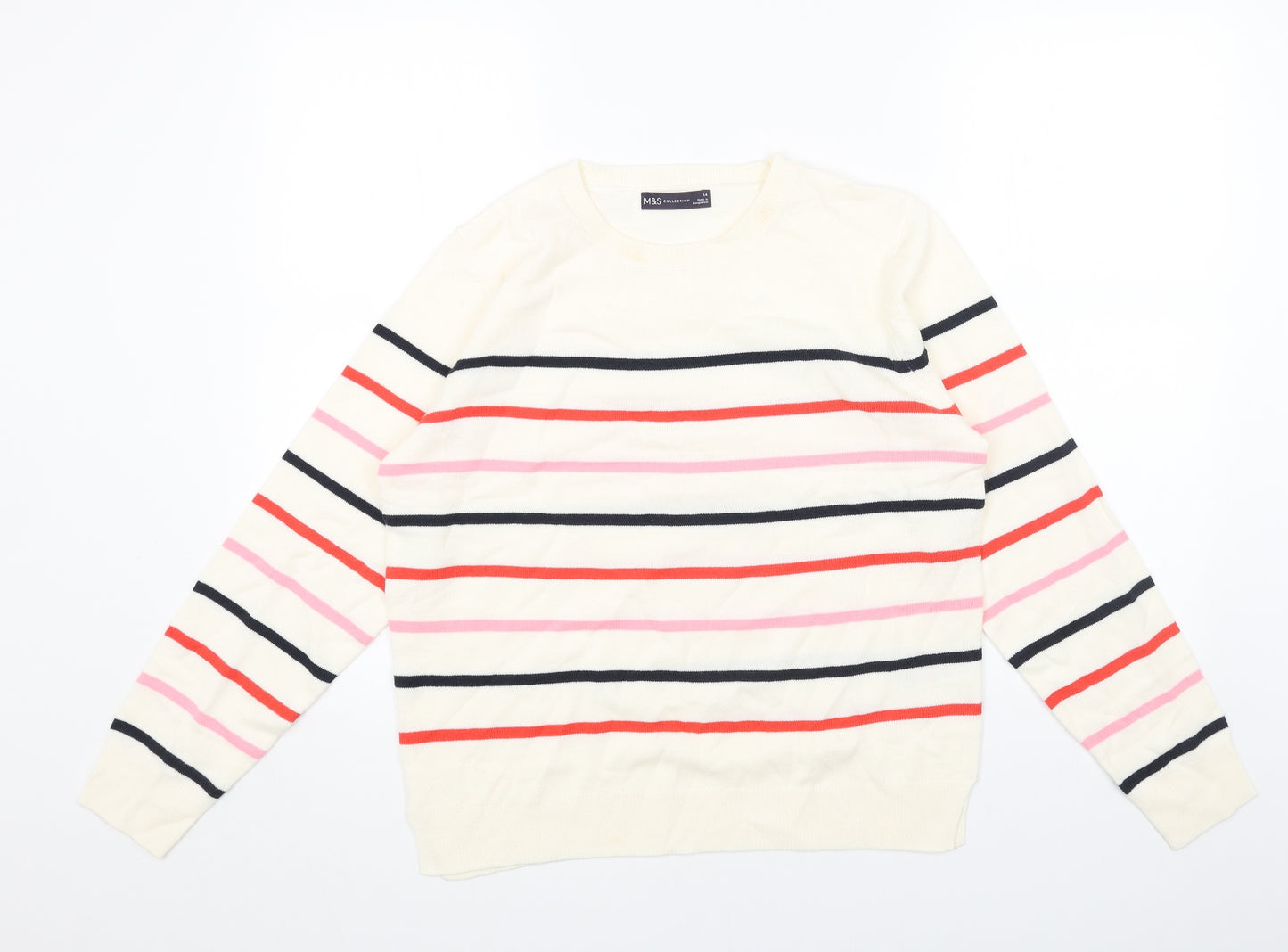Marks and Spencer Womens Beige Scoop Neck Striped Acrylic Pullover Jumper Size 14